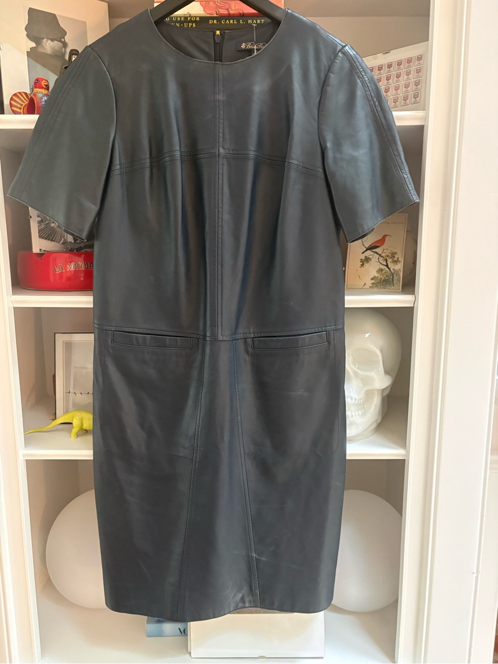Short-Sleeve Leather Shift Dress - Black